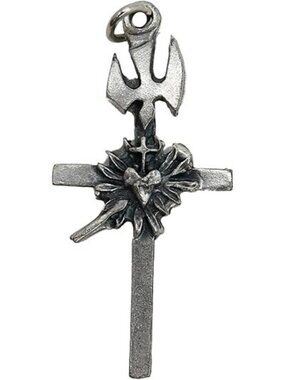 Silver Tone Confirmation Cross Pendant w/ Sacred Heart and Holy Dove, 1 7/8 Inch